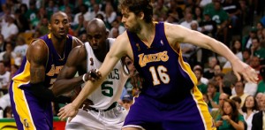 Kobe Bryant and Pau Gasol needs to put a body on Kevin Garnett (middle) and the rest of the Boston Celtics (GETTY IMAGES)