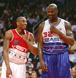 Kobe Bryant and Shaquille O'Neal share a moment at the All-Star Game in Las Vegas. (ASSOCIATED PRESS)