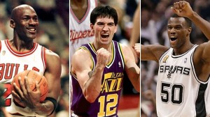Michael Jordan was named NBA regular-season MVP five times; John Stockton holds the all-time record for assists and steals; and David Robinson was the 1995 league MVP. (GETTY IMAGES)