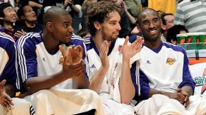 Laker big men Andrew Bynum and Pau Gasol (middle) were thoroughly outplayed by the Rockets' big men in Game 6. Kobe Bryant needs to inspire his team for Game 7. (NBAE/GETTY IMAGES)