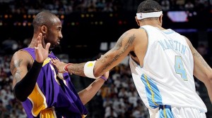 Kobe Bryant went to the line 17 times in Game 3, which clearly frustrated Kenyon Martin the Nuggets. (GETTY IMAGES)