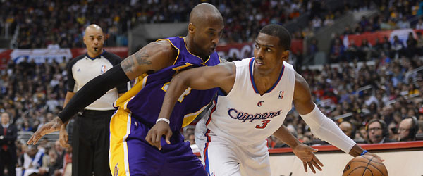 Chris Paul (30 points) and Kobe Bryant (38 points) were matched up for most of the game Friday night at Staples Center. (GETTY IMAGES)