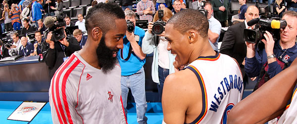 Former Oklahoma City teammates James Harden and Russell Westbrook could reunite for All-Star Weekend. (GETTY IMAGES)