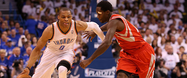 Thunder star Russell Westbrook was reportedly irate with Rockets guard Patrick Beverley for the questionable play he made during Game 2. (GETTY IMAGES)