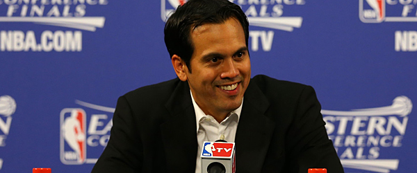 Miami Heat coach Erik Spoelstra deserves a lot of credit for keeping the Spurs off balance. (GETTY IMAGES)