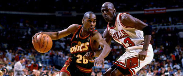 Gary Payton and Michael Jordan went head-to-head in the 1996 NBA Finals. (GETTY IMAGES)